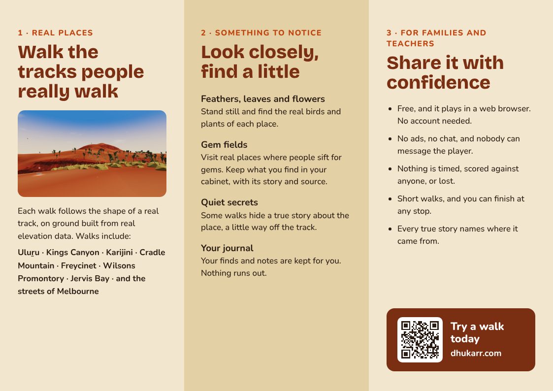 Brochure inside: real places, something to notice on each walk, and a panel for families and teachers