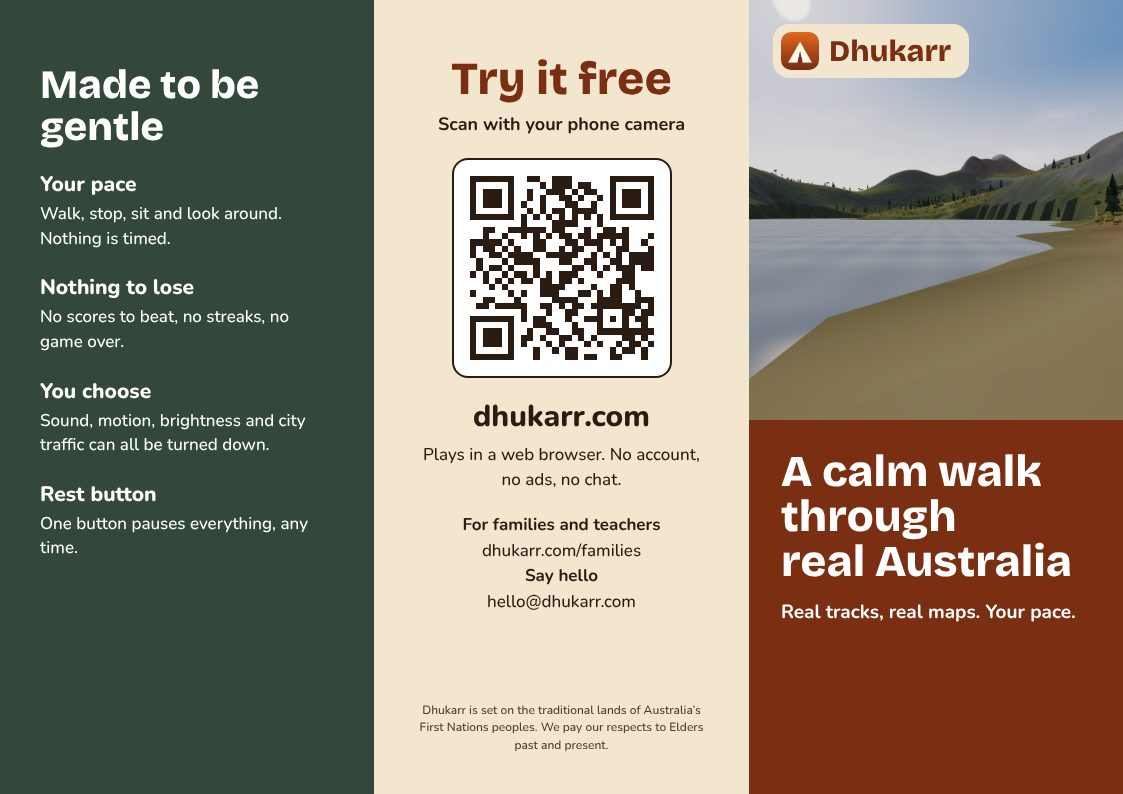 Brochure outside: a flap about being gentle, a back panel with a QR code, and a front cover with a lake at Cradle Mountain